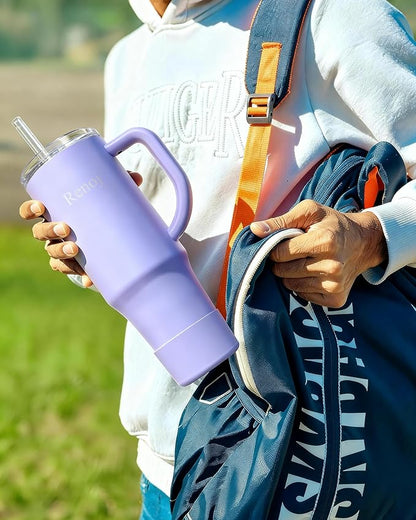 Renoj Tumbler with Handle 100% Spill Resistant Insulated Water Bottle for Iced Coffee & Hot Drinks - Fits Car Cup Holder, Ideal Gift, 2 Straws & Silicone Boot BPA-Free - FlexSlide Blue 40 oz