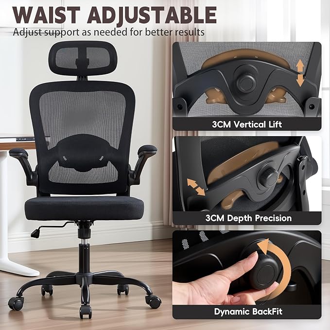 Ergonomic Office Chair with 3D Adjustable Lumbar Support, Mesh High Back, 75° Rotating Headrest, Rocking Function, 300lbs Capacity, Black/White (Black)