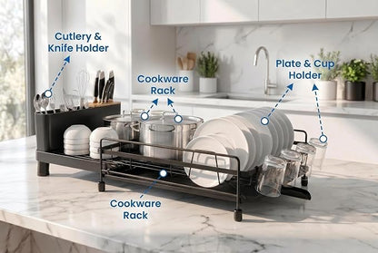 Large Extendable Dish Drying Rack with Bamboo Knife Holder, Rustproof Dish Drainer for Kitchen Counter, Adjustable 19"-27", Black