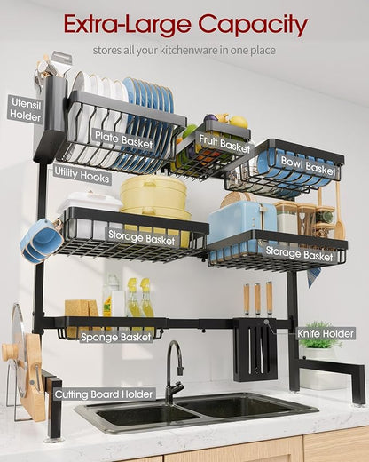 Sakugi Dish Drying Rack - Over The Sink Dish Drainer Drying Rack with Utensil & Knife Holder, Hooks, Stainless Steel Kitchen Organizers and Storage Solution, 11.8" D x 31.5"~39.0''W x 30" H, Black