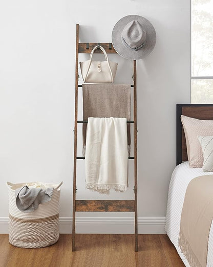 Hzuaneri Blanket Ladder for Living Room, Decorative Quilt Rack with 4 Removable Hooks, 5-Tier Farmhouse Ladder Holder Shelf Organizer for Bedroom, Rustic Brown and Black 02101BBR