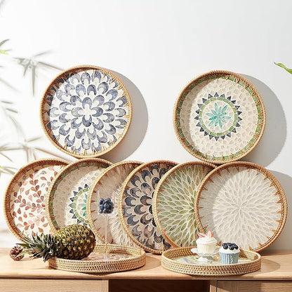 Round Rattan Tray with Mother of Pearl Inlay, Rattan Serving Tray with Wooden Base, Decorative Wicker Basket for Table Decor, Storage and Display of Coffee Bread Food Fruit (Bohemia)