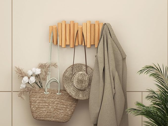 Folding Wall Coat Rack - entryway Hooks foldable - Wooden Coat Rack Wall Mount - modern Wall Mounted Coats Rack - Coat Hanger Walls Mount Coat Racks - folding coat hooks for Key bag clothes towels