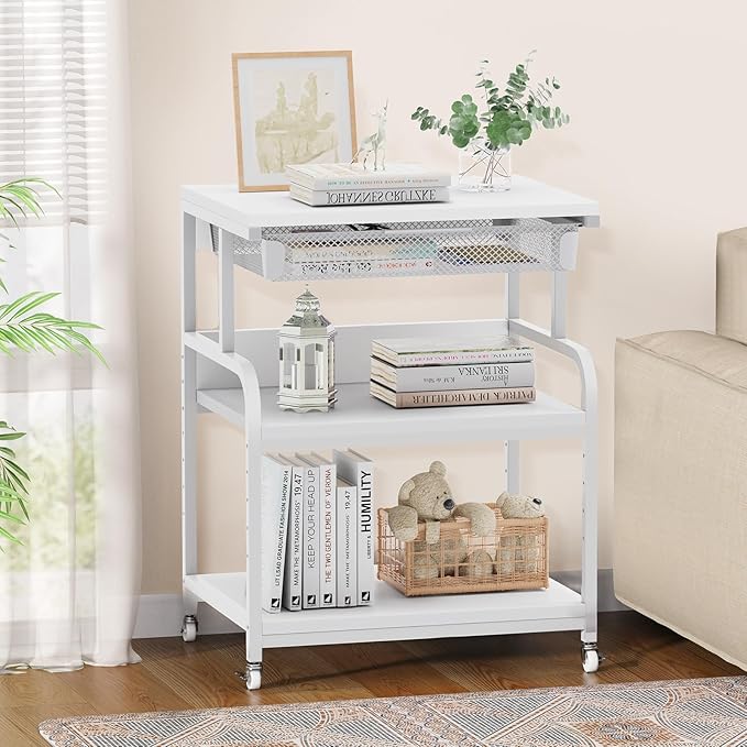 EasyCom 23.6''x18.9'' Extra Large Printer Stand with Drawer, 5-Adjustable Heights 3 Tier Table with Wheels, Rolling Printer Cart with Storage for Printer Scanner Fax Home Office Use