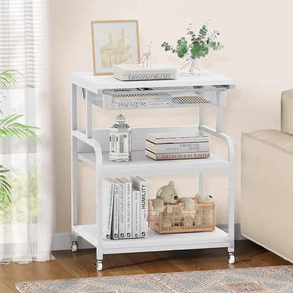 EasyCom 23.6''x18.9'' Extra Large Printer Stand with Drawer, 5-Adjustable Heights 3 Tier Table with Wheels, Rolling Printer Cart with Storage for Printer Scanner Fax Home Office Use