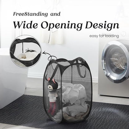 TECHMILLY Collapsible Mesh Pop Up Laundry Hamper with Sturdy Handles and Side Pocket - Portable Foldable Clothes Baskets for Dorm, Bathroom & Travel Storage (Black, 2 Packs)
