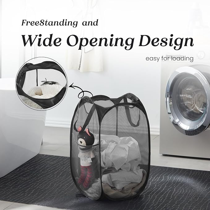 TECHMILLY Upgraded 105L Collapsible Mesh Pop Up Laundry Hamper with Sturdy Handles and Side Pocket - Portable Foldable Clothes Baskets for Dorm, Bathroom & Travel Storage (Black Plus)