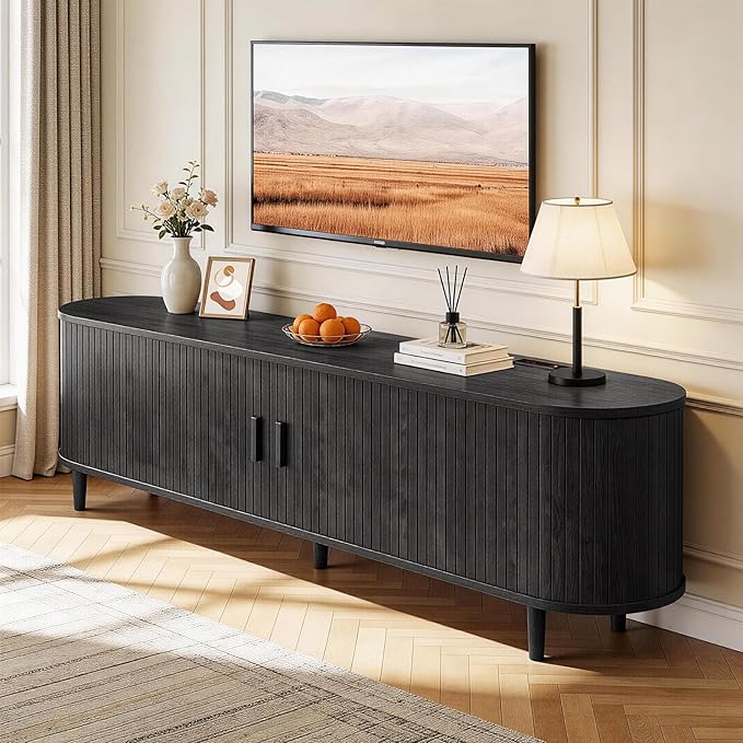 65" Mid Century Modern TV Stand with Power Outlet, Fluted Entertainment Center with Storage and Adjustable Shelves, Wood TV Console with Sliding Doors for Living Room, Black