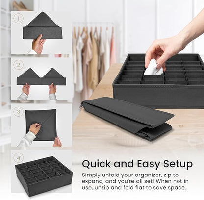 Reli. Sock Organizer (4 Pack) | 16+24 Cell Underwear Organizer | Drawer Dividers for Underwear, Socks, Ties, Belt | Foldable Fabric Storage Bins for Drawer, Closet, Dresser | 11.8 x 11.8 x 3.5 (Gray)