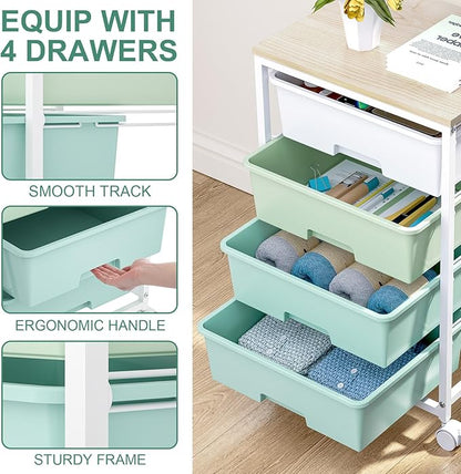 SYKIARIOL Utility Cart with 4 Drawers,Rolling Storage Cart with Drawers,Storage Rolling Drawer Cart with Wooden Tabletop for Bedroom,Kid's Room,Dorm,Classroom,Office,Green
