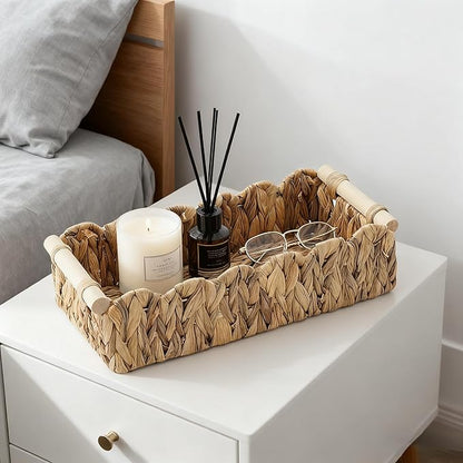 Water Hyacinth Scalloped Edge Baskets with Wood Handle, Set of 2 – Handwoven Natural Decor Storage Bins for Bathroom, Vanity & Farmhouse Home Style