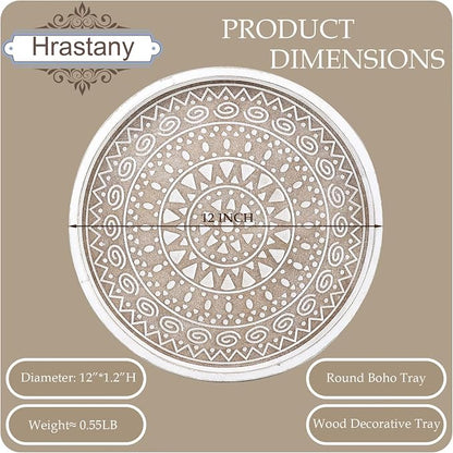 Hrastany Boho Round Wooden Decorative Tray, White Farmhouse Candles Tray for Home Decor, A Pattern