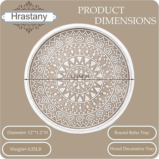 Hrastany Boho Round Wooden Decorative Tray, White Farmhouse Candles Tray for Home Decor, A Pattern