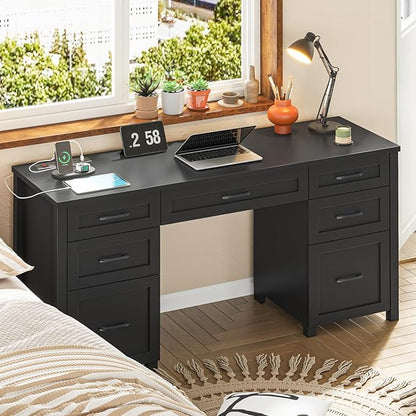 Farmhouse 61'' Executive Desk with 5 Drawers, Rustic Office Desk Computer Desk with Charging Station, File Drawers and Storage Cabinet, Wood Workstation for Home Office and Study,Pure Black