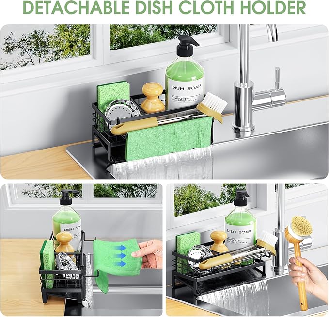 DYFVREN Self-Draining Kitchen Sink Caddy, Rustproof Non-Slip Sponge Holder with Detachable Dish Cloth Holder (Black)