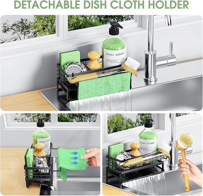 DYFVREN Self-Draining Kitchen Sink Caddy, Rustproof Non-Slip Sponge Holder with Detachable Dish Cloth Holder (Black)