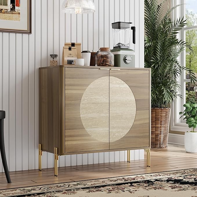 Sideboard Buffet Cabinet with Storage, Mid-Century Modern Kitchen Storage Cabinet with Adjustable Shelf and Circular Inlay Doors, Wooden Cupboard for Kitchen, Entryway