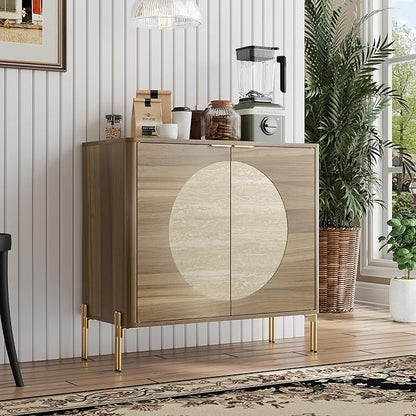 Sideboard Buffet Cabinet with Storage, Mid-Century Modern Kitchen Storage Cabinet with Adjustable Shelf and Circular Inlay Doors, Wooden Cupboard for Kitchen, Entryway