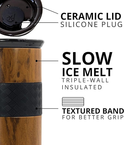 Elemental Artisan Insulated Tumbler, Triple Wall Coffee Travel Mug, Reusable Stainless Steel Coffee Tumbler with Ceramic Lid, Thermal Coffee Cups for Hot (6 Hrs) & Cold (18 Hrs), 16oz - Teakwood