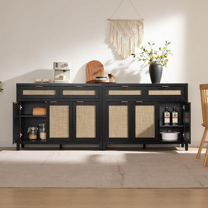 SICOTAS Rattan Sideboard Buffet Cabinet with Storage, Boho Credenza Accent Cabinet with 3 Doors and 2 Drawers, Farmhouse Console Coffee Bar Cabinets for Living Room Kitchen Entryway, Black Oak, 2 PCS