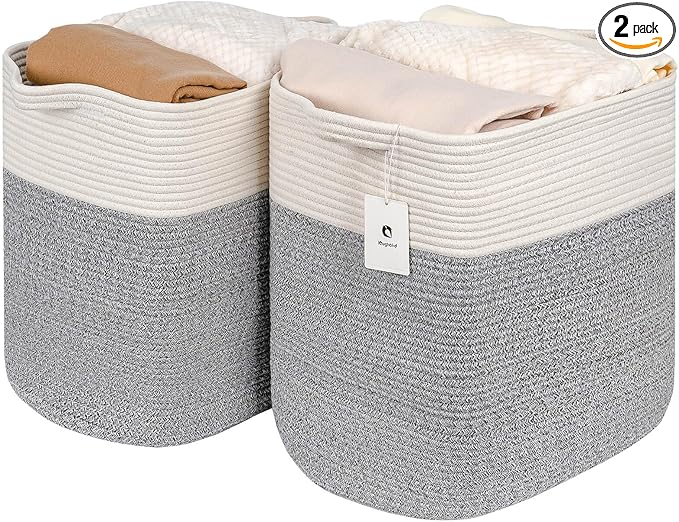 laughbird Storage Baskets for Clothes Fabric Cotton Rope Storage Basket with Handles, Decorative Woven Basket for Living Room,Closet Organizer Blankets, and 2bags (Silver Gray, L17.8×W12.5×H17.9)