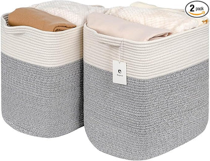laughbird Storage Baskets for Clothes Fabric Cotton Rope Storage Basket with Handles, Decorative Woven Basket for Living Room,Closet Organizer Blankets, and 2bags (Silver Gray, L17.8×W12.5×H17.9)