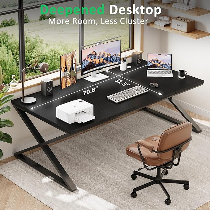 IBF Large Black Computer Desk, 70.8” Long Writing Desk for Home Office, Modern Simple Executive Work Study Desk for Two Person, Wood Double PC Gaming Workstation Computer Table for Bedroom, Black Oak