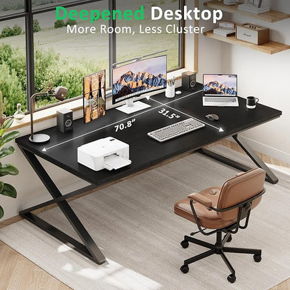 IBF Large Black Computer Desk, 70.8” Long Writing Desk for Home Office, Modern Simple Executive Work Study Desk for Two Person, Wood Double PC Gaming Workstation Computer Table for Bedroom, Black Oak
