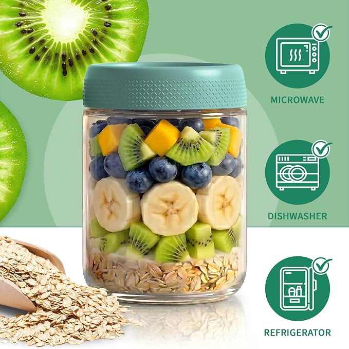 6 Pack Overnight Oats Containers with Lids, 16oz Wide Mouth Mason Jars, Glass Food Containers with Airtight Lids for Storage, Yogurt Bowls, Overnight Oats Jars for Meal Prep, Chia Pudding