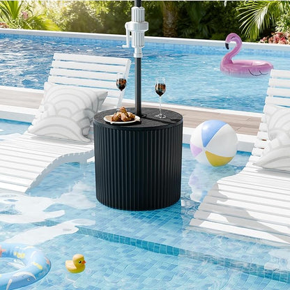 Outdoor Umbrella Stand with Hole, in Pool Umbrella Stand with Weighted Water Filled Bladder, Fluted Vertical Ribbed Design, All Weather Umbrella Side Table Base, Patio Umbrella Base, Black
