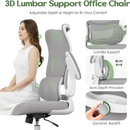 Office Chair Ergonomic Desk Chair - Comfy Mesh High Back Office Chair with Lumbar Support Wheels Home Desk Office Chairs Flip up Armrest Executive Rolling Swivel Task Work Computer Chair Grey