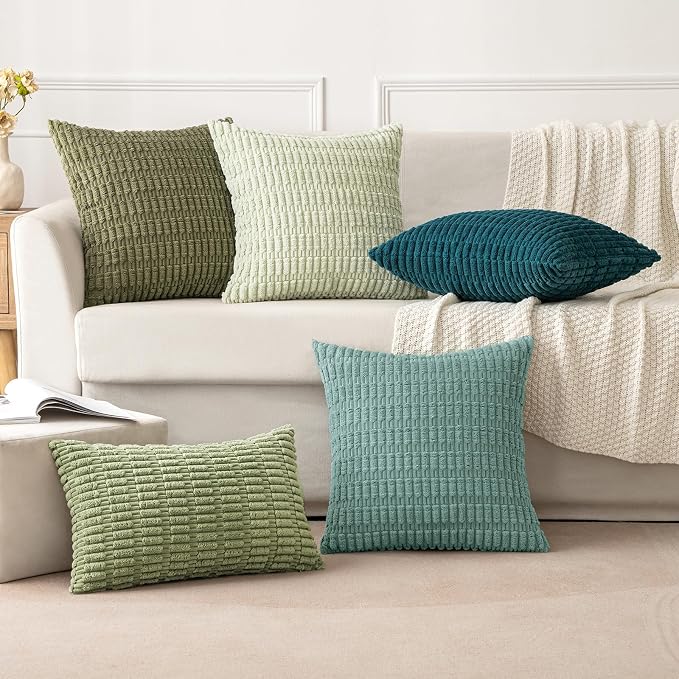 MIULEE Pack of 2 Corduroy Decorative Throw Pillow Covers 20x20 Inch Soft Boho Striped Pillow Covers Modern Farmhouse Home Decor for Summer Sofa Living Room Couch Bed Teal Green