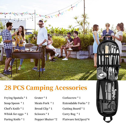 Camping Cooking Utensils Set, Stainless Steel Grill Tools, Camping BBQ Cookware Gear and Equipment for Travel Tenting RV Van Picnic Portable Kitchen Essentials Accessories