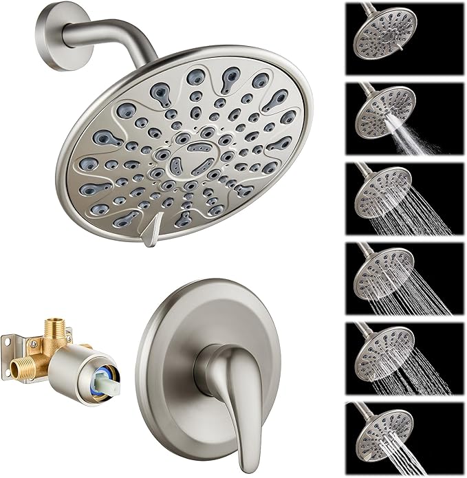 gotonovo Shower Faucet Set Bathroom Shower Head and Handle Set Complete 6 Settings 6 inch Rainfall Shower Head Kit High Pressure Shower System Combo Shower Trim Kit with Valve Brushed Nickel