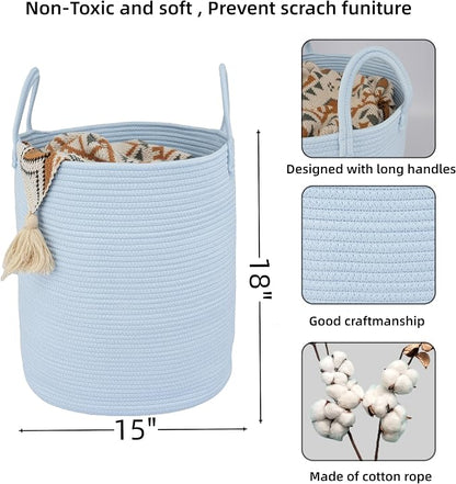 XUANGUO Cotton Rope Laundry Basket Hamper for Clothes Woven Storage Basket for Living Room Bedroom Boho Tall Rope Baskets for Blanket Toys Pillow Towels Baby Nursery Hamper Bin light blue