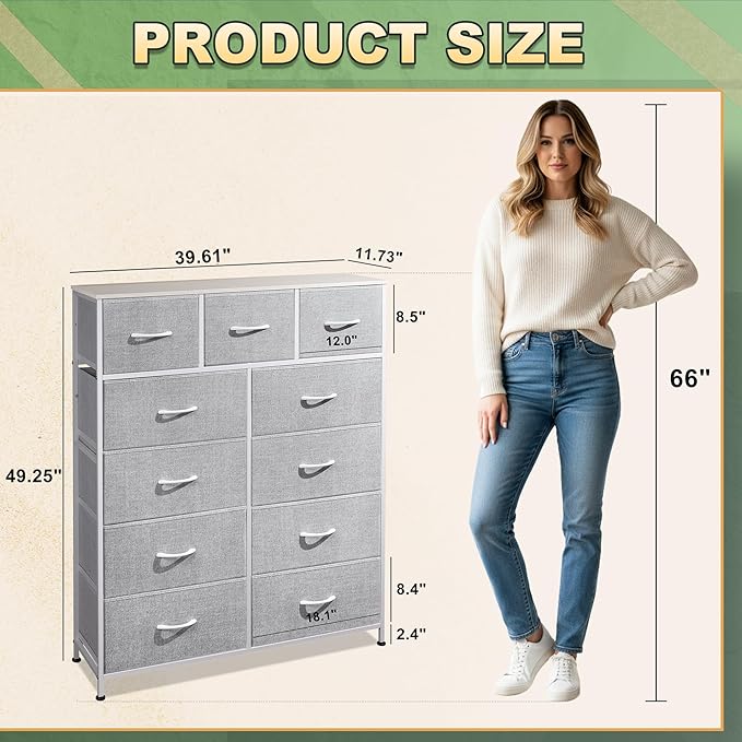 Tall Console Table with 11 Fabric Drawers, Entryway Table with Storage, Tall Storage Organizer with Wood Top, Steel Frame for Living Room, Hallway, Office, Light Grey