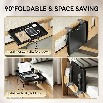 Foldable Bedside Shelf for Bunk Beds, Heavy Duty Metal Clip-On Nightstand Tray, 12.6 x 9.25 Inch Loft Bed Side Table with Cord Hole, Dorm Room College Essentials, Black
