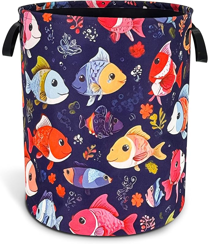 NUTAINLA Fish Laundry Basket Funny Cartoon Foldable Oxford Cloth Tote Bag Laundry Hamper Clothes Storage Bucket Toy Organizer For Bathroom/Laundry Storage/Bedroom 18.9x16.5 Inch