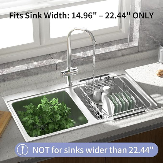 JAQ Over Sink Dish Drying Rack, Expandable 14.96"–22.44" Adjustable Dish Rack for Kitchen Sink, 304 Stainless Steel Dish Drainer with Utensil Holder, Space Saving for Most Standard Kitchen Sinks