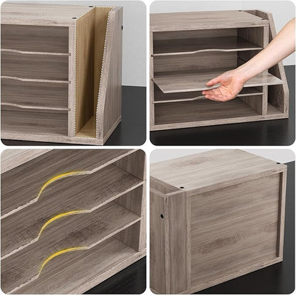 Creso hom Mail Sorter, File Organizer Desktop, Wood Desk Organizer with 3 Adjustable Shelves, Mail Holder for Office, Home, Letter Sorter File Holders for Envelopes, Mail Supplies Magazines, Greige