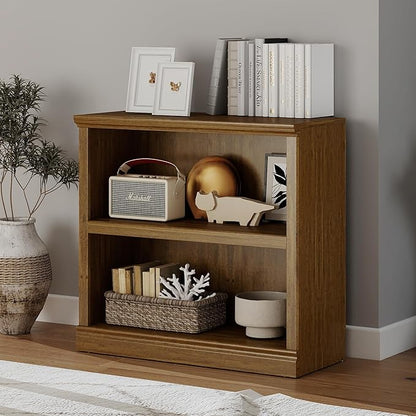 Bookcase, 2 Tiers S Bookshelf Open Storage Organization, Floor Standing Indoor Furniture Book Case for Library Office Living Room Bedroom, Vintage Oak - 2 Tier