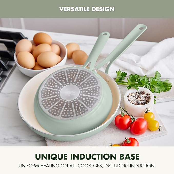 GreenPan Nova 2-Piece Nonstick Frying Pan Set, 8” & 10” Skillets, PFAS-Free Ceramic Cookware, Durable Fast Heating, Induction Ready, Omelet & Eggs, Oven Safe to 600F, Dishwasher Safe, Pistachio Green