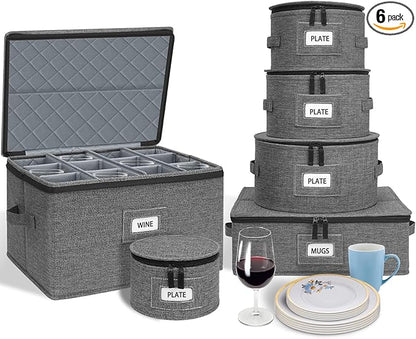 punemi 6-Piece Hard Shell China Storage Containers, Mug & Cup Organizer, Wine Glass Storage Boxes with Dividers & Carry Handles, Moving Boxes for Dinnerware, Glassware, and Stemware,Grey