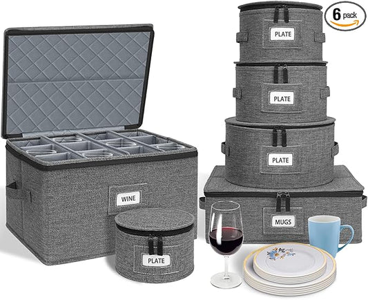 punemi 6-Piece Hard Shell China Storage Containers, Mug & Cup Organizer, Wine Glass Storage Boxes with Dividers & Carry Handles, Moving Boxes for Dinnerware, Glassware, and Stemware,Grey