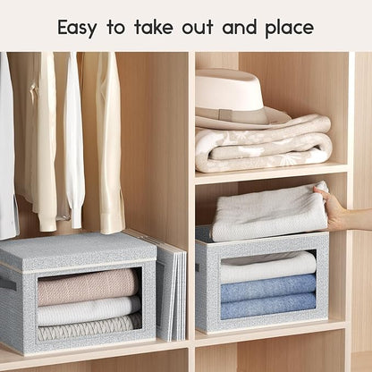 Collapsible Storage Bins with Lids - Stackable Storage Containers with Window, 6 Pack Fabric Cube Bins for Closet, Home & Office Organization Baskets, Light Gray, 14.9" x 9.8" x 9.8"