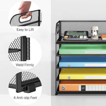 Lavatino 5 Tray Desk File Organizer, Black Mesh Paper Sorter Letter Tray Organizer with Handle, Desktop File Organizer and Storage for Letter/A4 Office File Folder