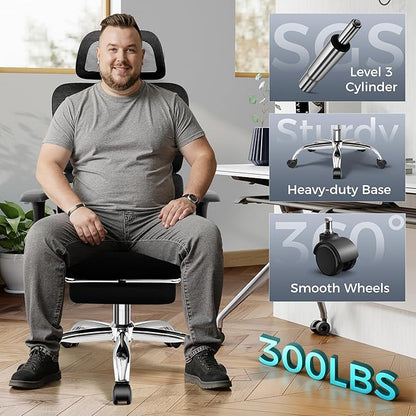 Ergonomic Office Chair with Footrest, Big and Tall Home Desk Chair, High Back Rolling Computer Chair with 3D Arms and Lumbar Support, Comfortable Gaming Chair, Swivel Mesh Chairs, Black