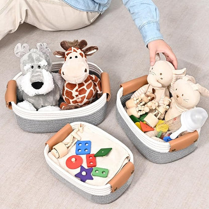 Storage Baskets for Organizing, Small Woven Basket Set of 6 - 4 Shelf Basket with Leather Handle and 2 Small Gift Baskets, Cotton Rope Basket for Shelves, Nursery, Dog Toy, Bathroom