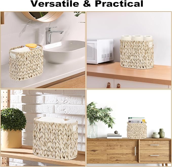 Sumnacon Toilet Paper Storage Basket Freestanding, Wicker Toilet Paper Holder Stand with Handle, Decorative Narrow Bathroom Baskets Sturdy Plastic Organizer Bin for Tissue Rolls, Toiletries, Towels