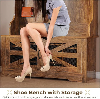 Itaar Hall Tree with Bench and Shoe Storage, 5-in-1 Entryway Bench with Coat Rack, 10 Shoe Cubbies & 9 Coat Hooks, Barn Door & Adjustable Shelf (Rustic Brown)